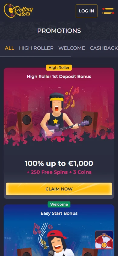 Rolling 22 Casino mobile promotions area with active offers
