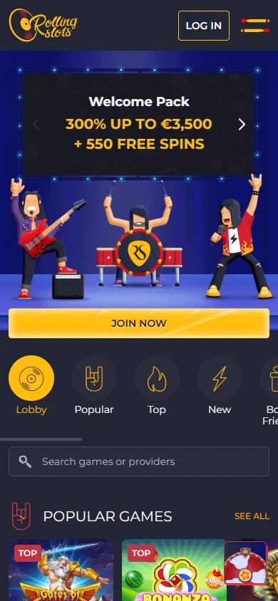 Rolling 22 Casino mobile games lobby on a compatible phone