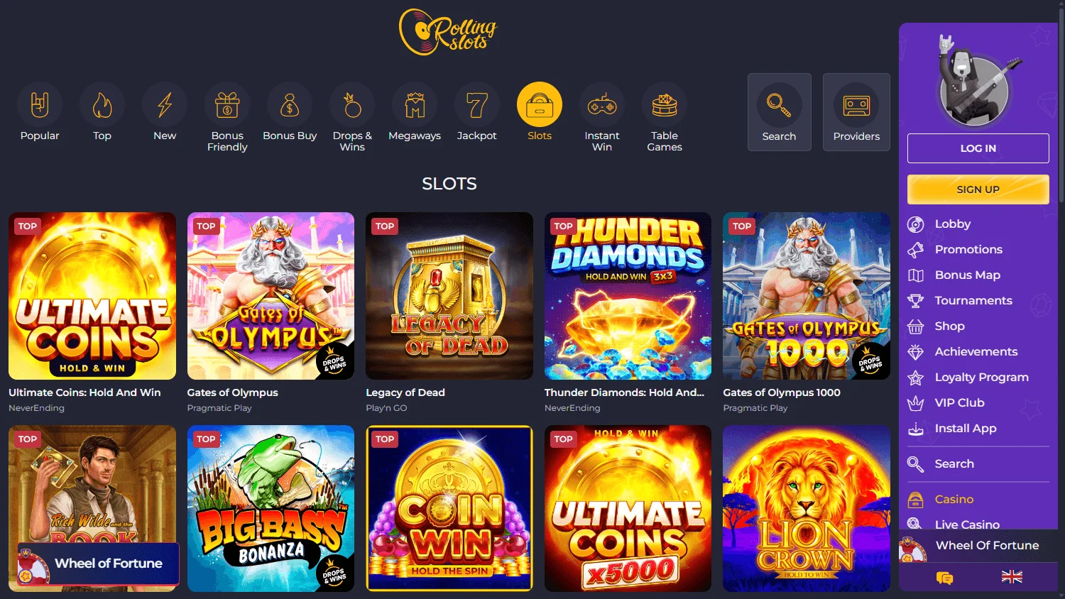 Rolling 22 Casino desktop game selection with casino titles and categories