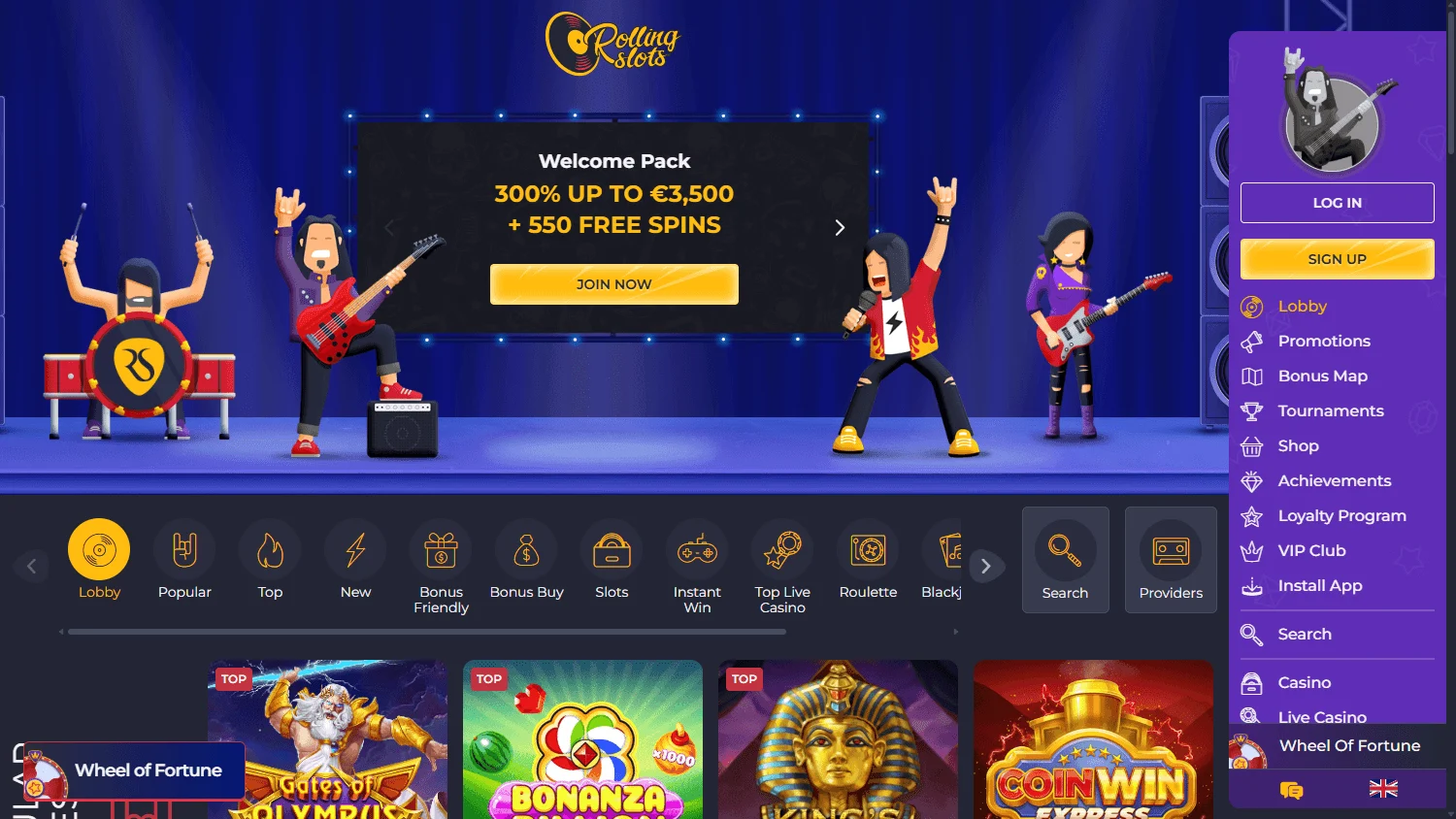 Rolling 22 Casino desktop games lobby with pokies and casino categories