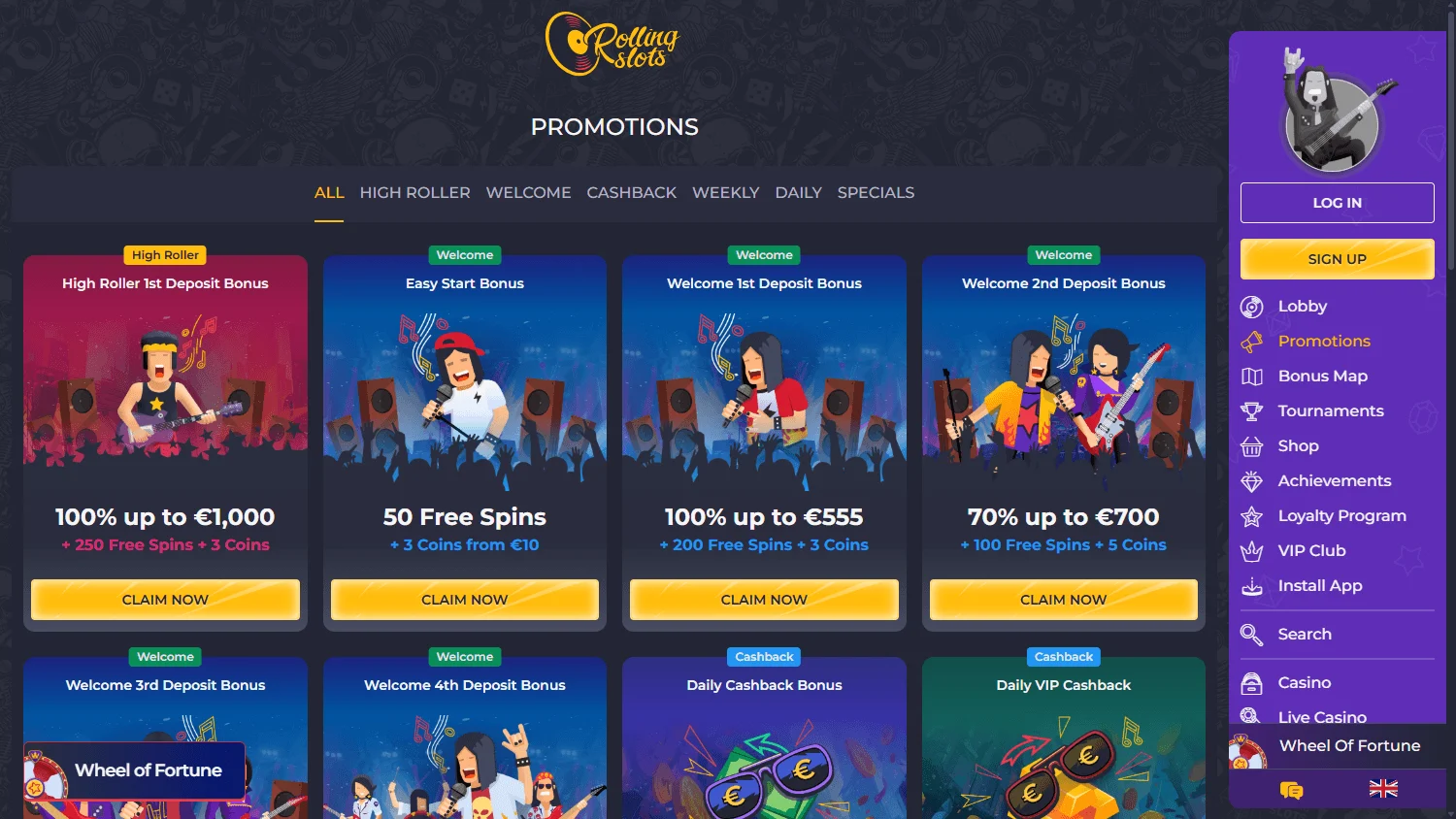 Rolling 22 Casino desktop promotions area with bonuses and promotional offers