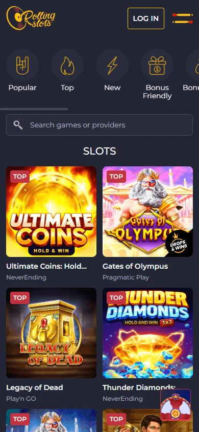 Rolling 22 Casino mobile game selection with casino titles